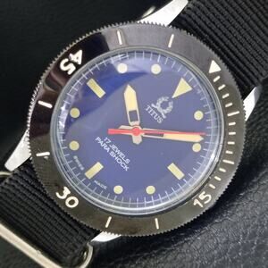 Vintage 1975 Titus Manual Mens Silver Watch W/Nato Strap & Yellow accents